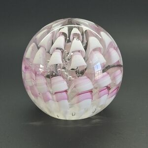 Art Glass Paperweight 3.5" White Pink Crimp Swirl Ribbon Controlled Bubbles Gift